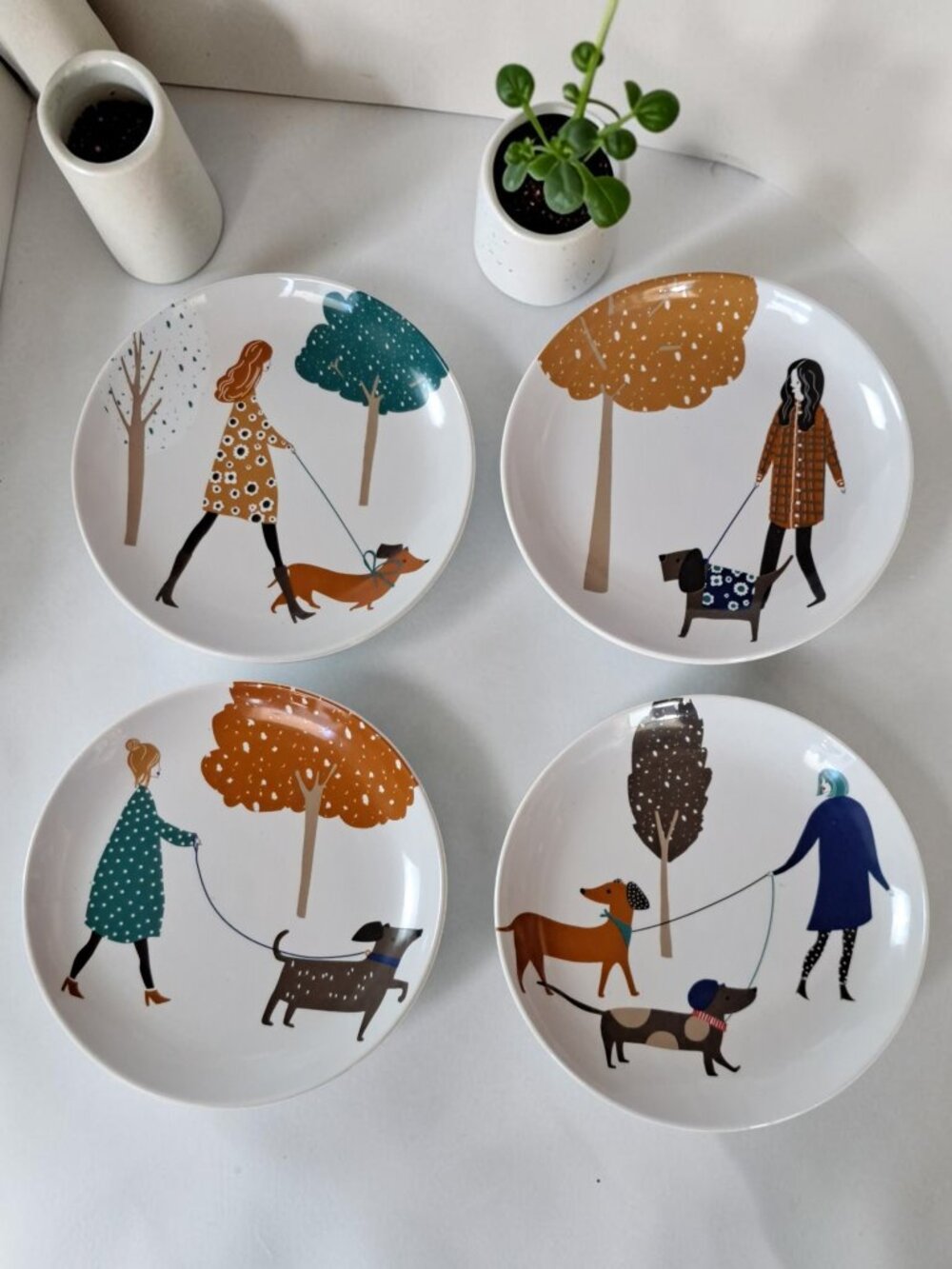 Set of 4 At Home Ceramic 6" Plates Dogs & Woman Appetizer Bread Decorative